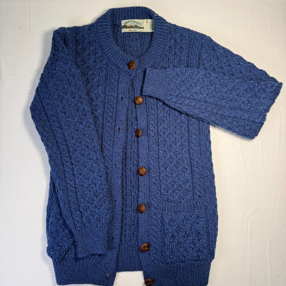 Aran Crafts Ireland Mens XS Blue Merino Wool Cable Knit Button Cardigan Sweater